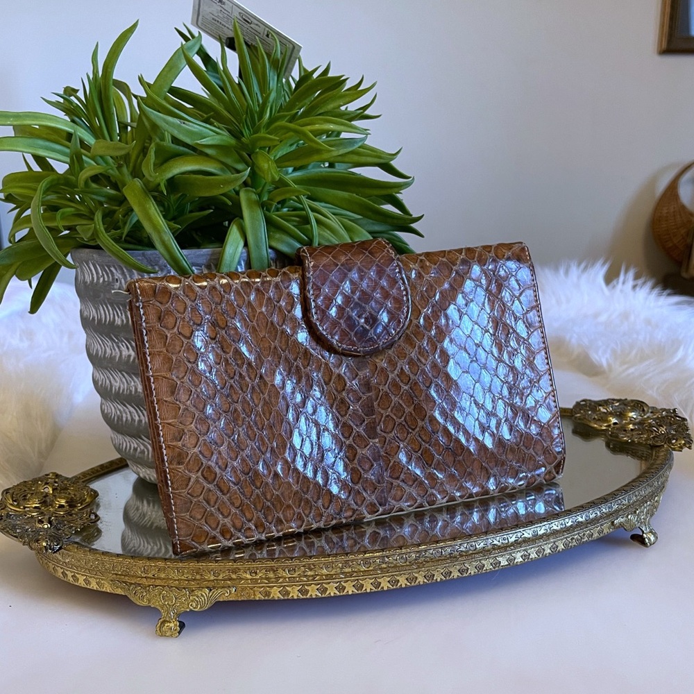 Vintage brown snake skin leather trifold wallet